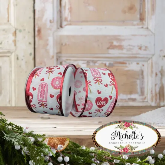 2.5" Valentine Candy and Donuts Ribbon: White (10 Yards) {4}