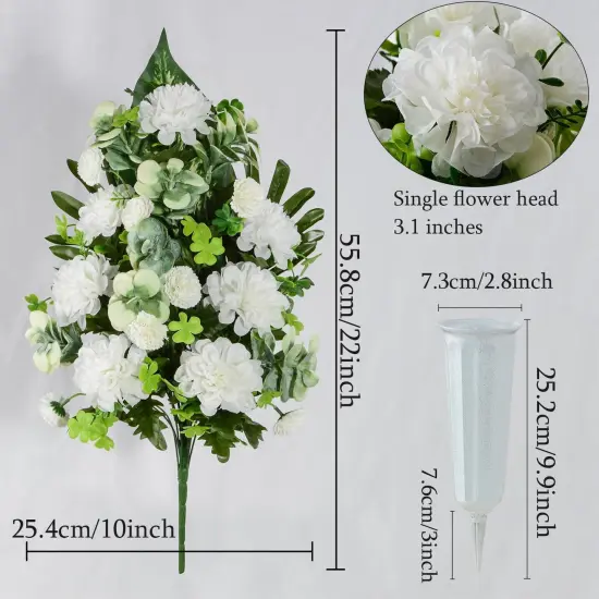Artificial Cemetery Flowers, Bulbous Chrysanthemum Flowers Greenery Bouquet for Grave Decoration, Set of 2 Spring Memorial Flowers with Vase (White) {2}