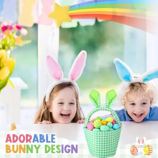 1 Piece Easter Bunny Basket Bags for Boys Girls with Cute Rabbit Ears Plaid Bucket Storage Gifts for Easter Egg Hunts Decorations Candy Gifts Storage {3}