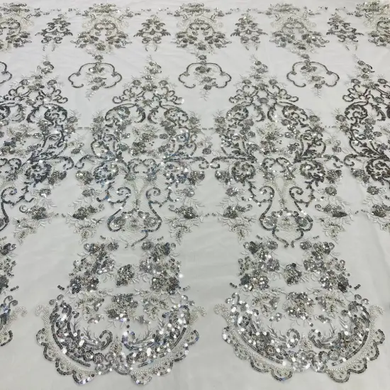 1 Yard Beaded Lace Fabric Embroidered on 100% Polyester Net Mesh Lace, 52" Wide, Premium USA Quality Off White {3}