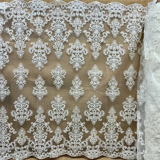 1 Yard Beaded & Corded Embroidered Bridal Lace Fabric, 52&rdquo; Wide Polyester Mesh Net Dark Ivory {1}