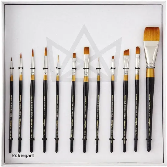 Premium Original Gold Series Handcrafted Golden Taklon Multimedia Artist Brushes, Gift Box, Set of 12, Black Glosss Handle, for Oil, Acrylic, Watercolor & Gouache Paints {1}