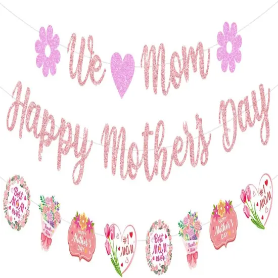Glittery We Love Mom Happy Mother's Day Banner with Heart Flowers Rose Gold {1}