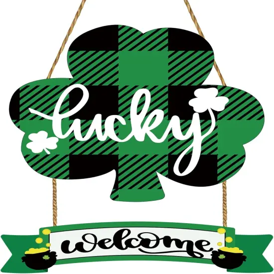 St Patricks Day Decorations St Patricks Day Wreath Front Door Decorations Buffalo Plaid Shamrock Wreath Wooden Lucky Welcome Sign Door Hanger for Wall Indoor Home Decor {1}