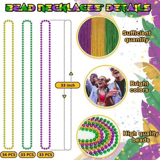 100PCS Mardi Gras Beads, Green Purple Gold Metallic Mardi Gras Beads Necklaces Accessories Bulk, Mardi Gras Carnival Beads Necklace Accessories for Parade Throws Party Decorations Supplies Favors {2}