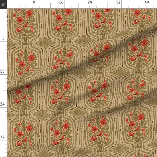 Various Fabrics by the Yard or Fat Quarter Retro Boho Floral Maximalist Large Scale Red Poppies Scarlet Tanager Songbird Warm Bohemian Eclectic Olive Green Custom Printed Fabric by Spoonflower {1}