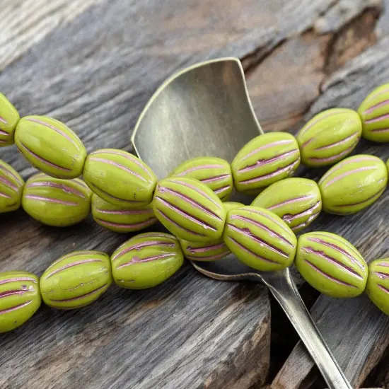 *20* 14x8mm Metallic Pink Washed Opaque Chartreuse Oval Melon Beads {3}