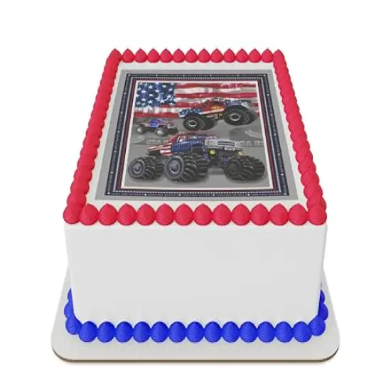 Trucks with US flag Edible Icing Sheet cake topper for 1/4 Sheet cake or larger {1}