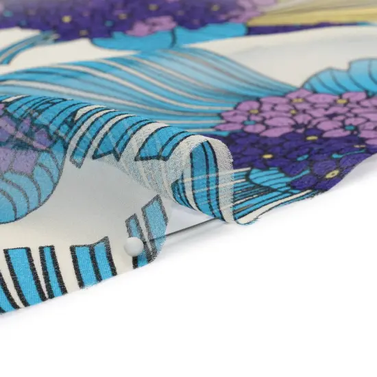 1 Yard Teal Blue, Yellow and Purple Flower Fans Silk Chiffon Lightweight Fabric Sheer, 54 Inches Wide {2}