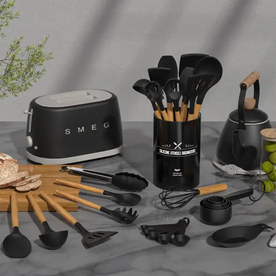 33 Pieces Chef Kitchen Cooking Utensils Set, Non-Stick Utensils Spatula Set with Holder, Black Wooden Handle Silicone Kitchen Gadgets {1}