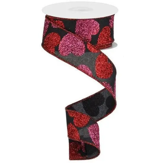 1.5" Bold Glitter Hearts Royal Ribbon: Black (10 Yards) {1}