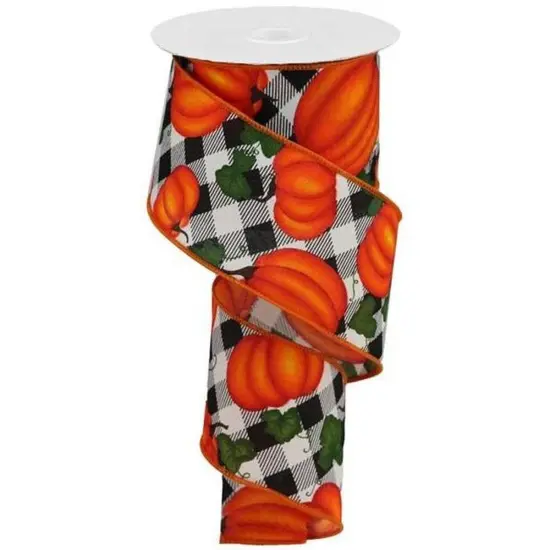 2.5" Leaves Pumpkin on Check Ribbon: Cream (10 Yards) {1}