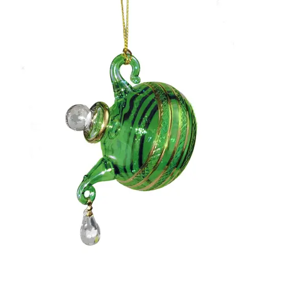 Glass Teapot with Crystal 'droplet' Ornament - Green {1}