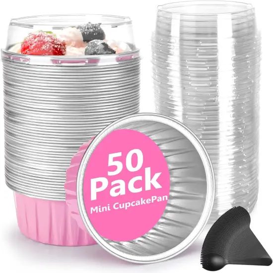 Disposable Ramekins 50 Packs with Lids and Spoons,Mini Cake Pans Round Aluminum Foil Cupcake Baking Cups Muffin Cups Tins,Disposable Cakecup Wrappers Cheesecake Creme Brulee-5 Oz (Pink) {4}