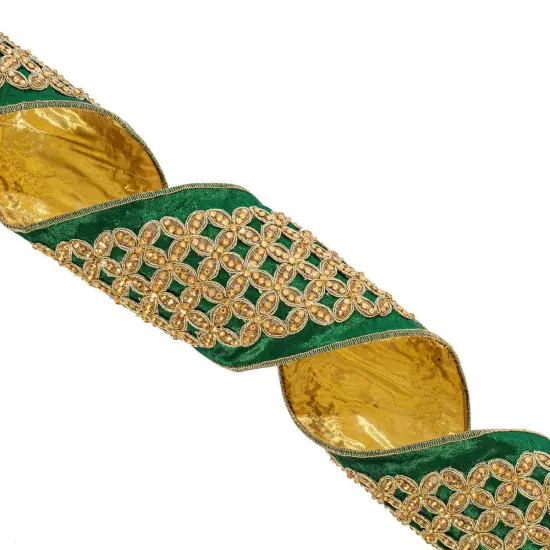 4 inch Jeweled Ribbon: Green/Gold (5 Yards) {3}