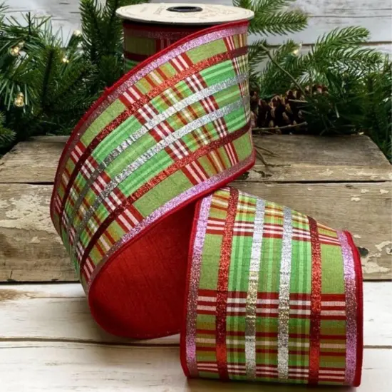 4" Faux Dupion Plaid Glitter Ribbon: Green, Pink & Red (5 Yards) {3}