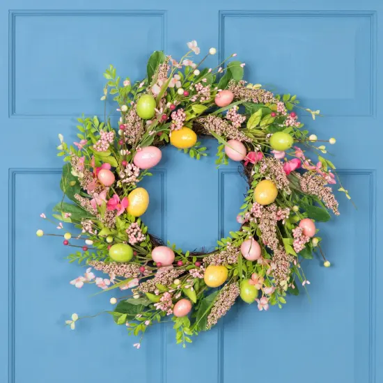 Northlight Glittered Eggs, Hibiscus and Berries Artificial Easter Twig Wreath - 20" - Pink and Green {1}