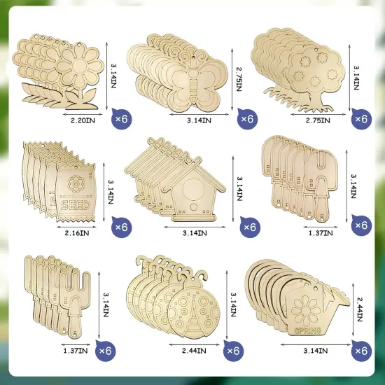 54 Pcs Wooden Spring Cutouts Ornaments to Paint - 6 Styles DIY Blank Unfinished Wood Cutouts Ornament for Home Crafts Hanging Decorations DIY Handmade Decoration Wooden Pendant (Garden) {5}
