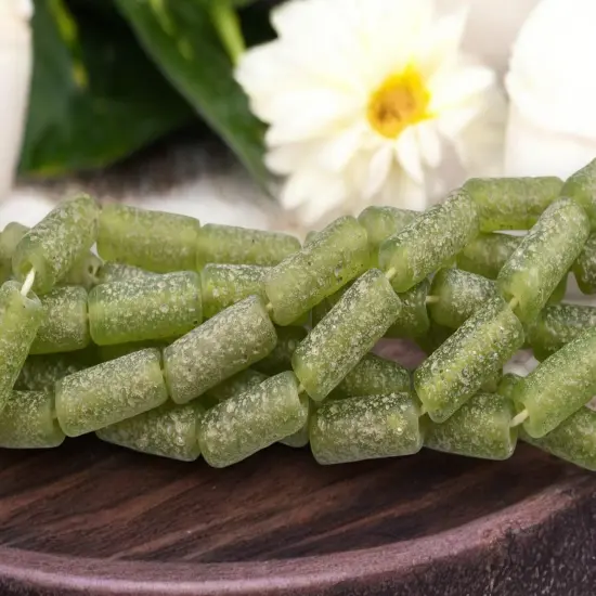 10x25mm Matte Peridot Pompeii Tube Beads (18" Strand) - Indonesian Glass Beads {2}