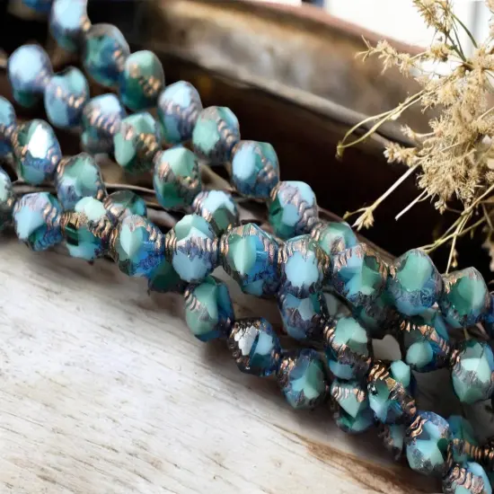 *15* 8x10mm Bronze Washed Caribbean Turquoise Faceted Bicone Beads {1}