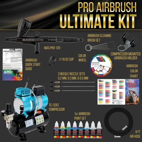 Cool Runner II Dual Fan Air Storage Tank Compressor System Kit with Master Elite Plus Ultimate Airbrush Set with 3 Tips 0.2, 0.3 & 0.5 mm, Case, 2 Cups {2}