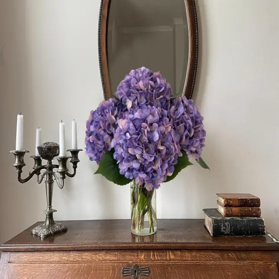 4Pcs Purple Silk Hydrangea Artificial Flower Lifelike Big Blooms 20'' Long Stem Faux Hydrangea Flower Bouquets for Home Party Indoor Outdoor Wedding Table Centerpiece Decor {3}