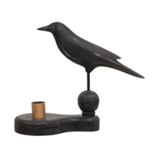 Black Wooden Crow Pedestal and Taper Candle Holder {1}