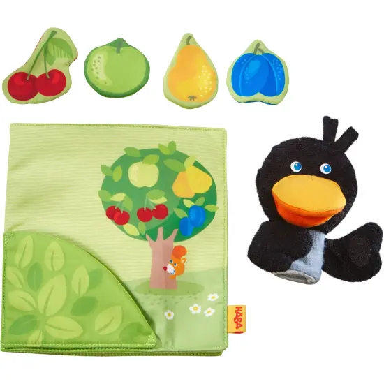 HABA Baby Soft Book and Interactive Busy Book for Babies 6-12 Months, Orchard Theme with Raven Finger Puppet and Fruit Basket Multicolor {6}