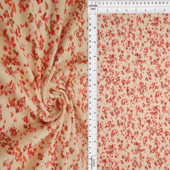 DTY Brushed Ditsy Stretch Knit Floral Fabric, 96% Polyester, 58/60" Wide SAND/RED {5}