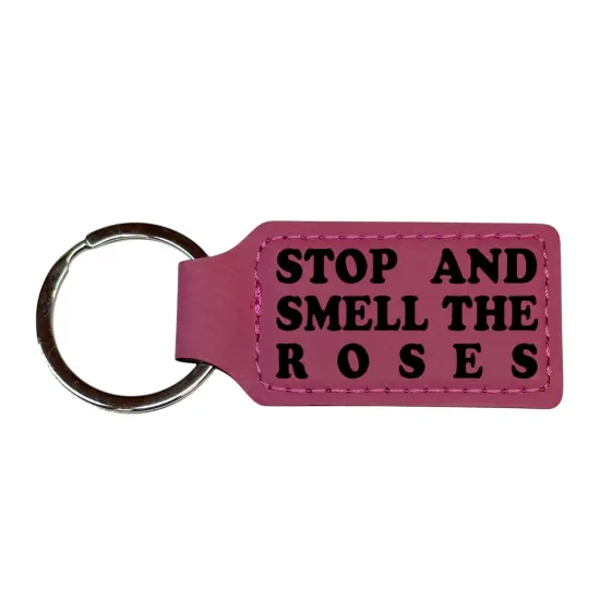 Keychain - Rectangle - Stop and smell the roses - Leather Black/Silver {2}