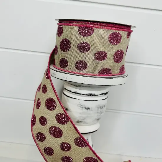 2.5"x10YD Glitter Polka Dots on Natural Ribbon - Pink/Natural - Sparkling Elegance for Crafts and Decor-(RGC187118) {2}