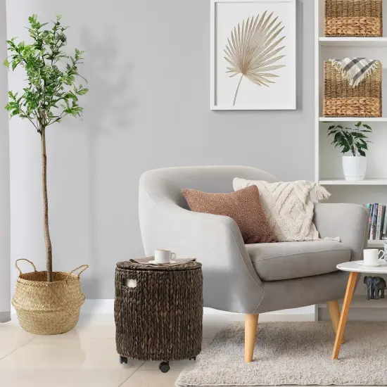 Casafield Round Rolling Storage Basket with Lid, Handwoven Water Hyacinth Rolling Hamper Storage Bin on Wheels for Living Room, Bedroom, Bathroom, Laundry {2}