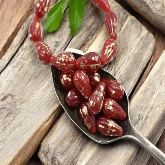 *10* 13x8mm Antique Gold Splattered Red Opaline Melon Drop Beads {3}