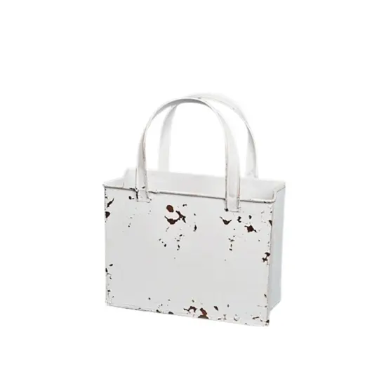 Distressed White Metal Tote Bag &ndash; Rustic Farmhouse Container for Floral Arrangements & Holiday Decor-M10827 {1}