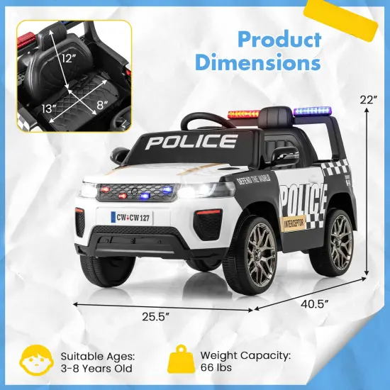 12V Electric Kids Ride-On Police Car with Remote, Siren, and Flashing Lights White {6}