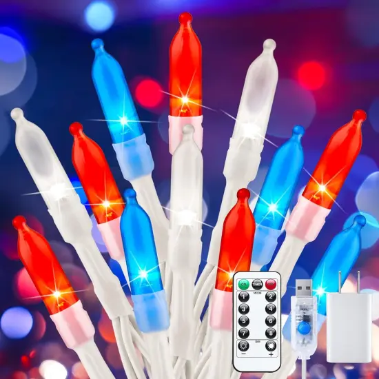 Red White Blue String Lights Plug in - 100 LED 33 Feet 4th of July Decoration Patriotic Mini Lights with Remote, Waterproof for Indoor Outdoor Bedroom Wedding Party Holiday Independence Day {5}