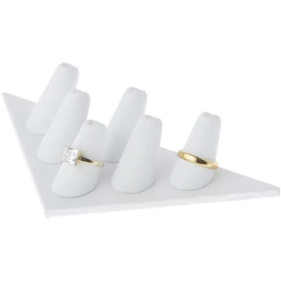 Plymor White Faux Leather Ring Finger Display, Six on Triangular Base, 7" W x 3.25" D x 1.5" H {3}