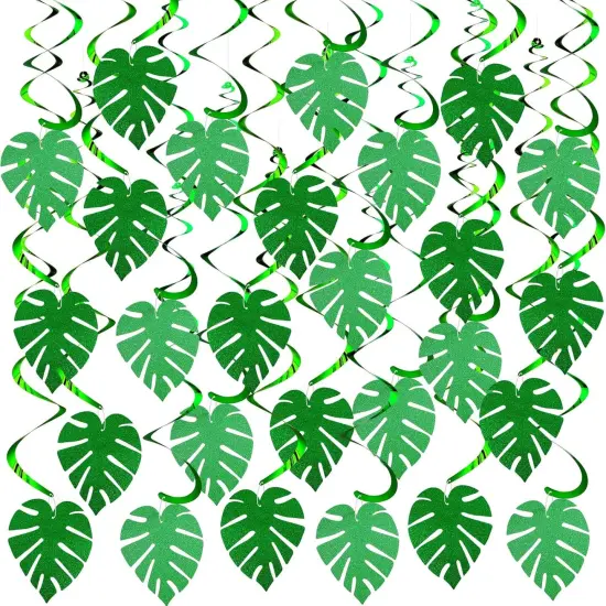 64 Pcs Hawaiian Luau Party Palm Leaves Swirl Party Decorations Hanging Ceiling Glitter Leaves Green Tropical Safari Jungle Party Decor for Easter Palm Sunday Summer Beach Birthday Baby Shower {1}