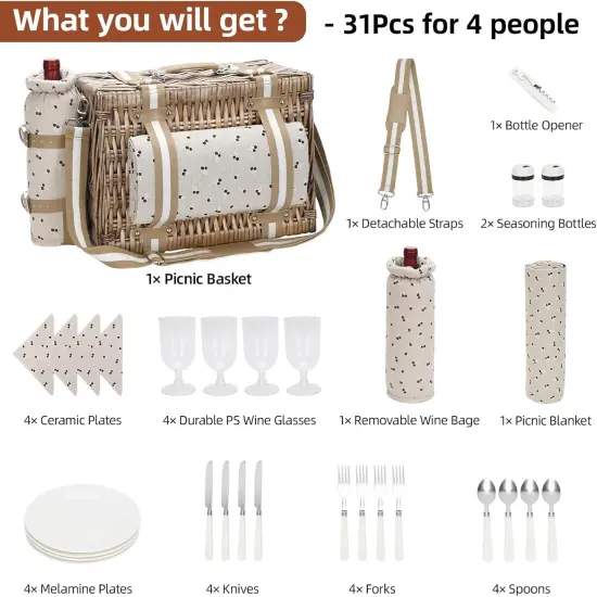 31Pcs Picnic Basket for 4 -Wicker Picnic Set with Waterproof Blanket & Wine Bag| Large Picnic Hamper with Insulated Cooler & Cutlery Kit for Couples Camping,Brown Flower,16x12x7.5inch {3}