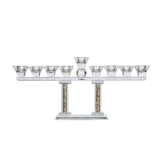 Pillared Crystal Menorah with Gold and Silver Inner Gemstones By Kinor Decor Clear {1}