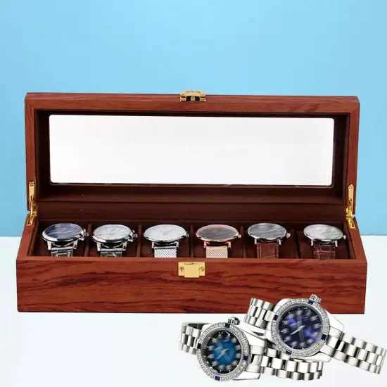 6 Slots Wooden Wrist Watch Display Case Glass Top Jewelry Storage Organizer Box {3}