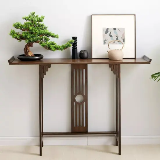 2-Layer Vintage Console Table Sofa Side Table Entryway Table Bamboo Shelf {4}