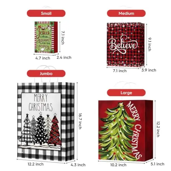 24 Christmas Gift Paper Bags Bulk with handles Wrapping Xmas Holiday Presents(6 Jumbo,6 Large,6 Medium,6 Small) {3}