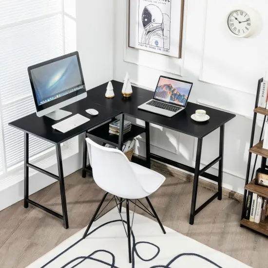 L Shaped Corner Computer Desk with Storage Shelves and Heavy Duty Metal Frame Black {4}