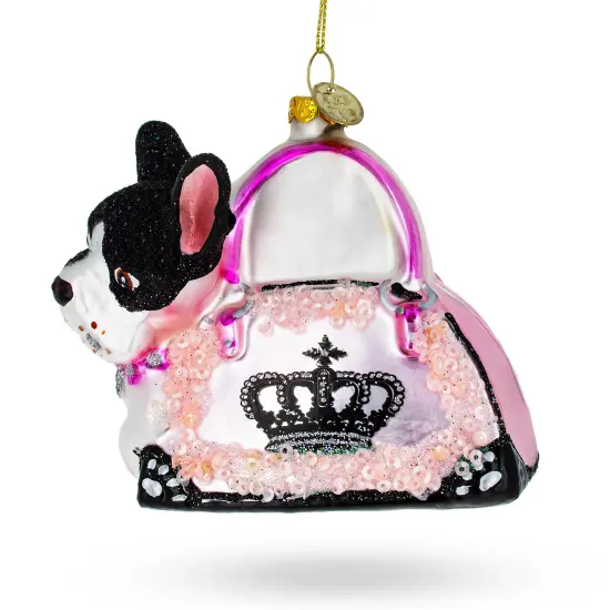 Boston Terrier in Pink Handbag Glass Christmas Ornament {1}