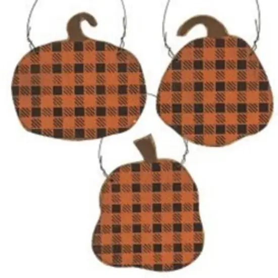 Distressed Black & Orange Buffalo Check Pumpkin Ornament 3 Asstd. {1}