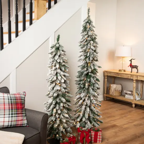 Northlight Pre-Lit Pencil Flocked Alpine Artificial Christmas Tree - 5' - Clear Lights Green {4}