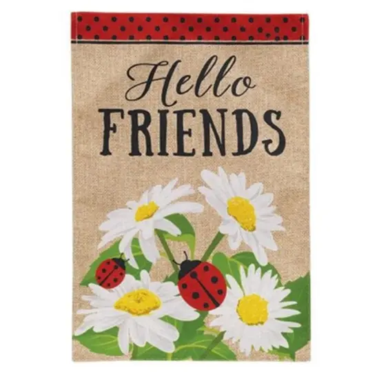 Hello Friends Daisies And Ladybugs Burlap Garden Flag {1}
