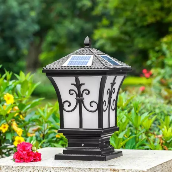Solar Powered LED Post Light Stylish Black Outdoor Pillar Lamp for Garden Lawn {4}