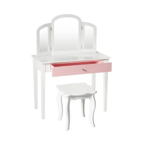 Kids Princess Make Up Dressing Table with Tri-folding Mirror and Chair White {8}